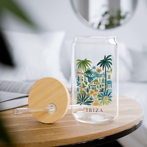 Ibiza Glass Cup | Mediterranean Sipper Glass | Spain Souvenir Gift | Iced Coffee Glass Tumbler | Beach Lover Gift