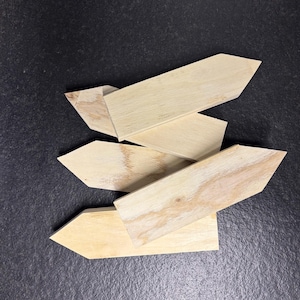 Könnte beinhalten: Eine Sammlung unfertiger Holzpfeil-Schilder, ideal für Bastel- oder Dekorationsprojekte. Die Schilder sind aus hellfarbenem Holz gefertigt, mit sichtbaren Maserungsmustern. Die Pfeile sind auf einer dunklen Oberfläche angeordnet.