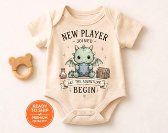 Nieuwe speler trad toe tot gepersonaliseerde babyromper, babyoutfit RPG-gamer, fantasiedraak babykleertjes, cadeau pasgeboren gamer, kraamcadeau