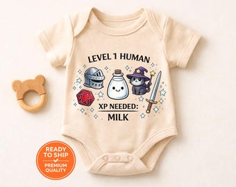 Level 1 Mensch Baby Body, Lustiger Gamer Baby Body, benötigt Milch, Nerd Baby Outfit, niedliches Fantasy Geschenk zur Geburt, Geek Baby Kleidung