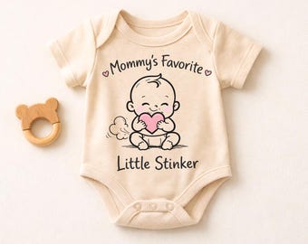 Mommys Favorite Little Stinker Baby Bodysuit , Funny Baby Onesie , Cute Mothers Day Gift , Newborn Infant Outfit , Baby Shower Gift