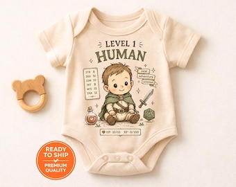Level 1 Mensch Baby Body, lustige Fantasy Baby Outfit, RPG Gamer Baby Outfit, Fantasy Abenteuer Säugling Geschenk, nerdige Neugeborene Kleidung