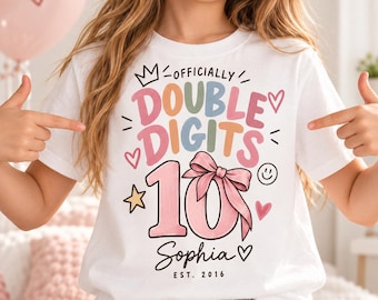 Personalized 10th Birthday Girl Shirt, Double Digits Birthday Shirt, Girls 10th Birthday Outfit, Custom Name Bow Tee, Tenth Birthday Gift