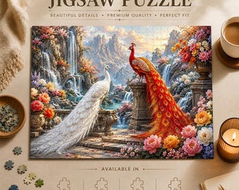 Red & White Peacocks Jigsaw Puzzle, Oriental Mountain Waterfall Peony Floral Scene, Elegant Living Room Decor, Gift for Bird Lovers
