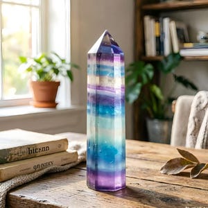 Puede incluir: Una punta de cristal de fluorita multicolor. El cristal presenta bandas de color púrpura, azul y blanco. El cristal está sobre una mesa de madera cerca de una ventana con plantas y libros.