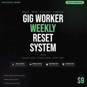 May include: A digital product advertisement with a black and green background. The text reads "GIG WORKER WEEKLY RESET SYSTEM" in large white and green letters. Additional text includes "Money Review," "Wellness Check," and "52-Week View."