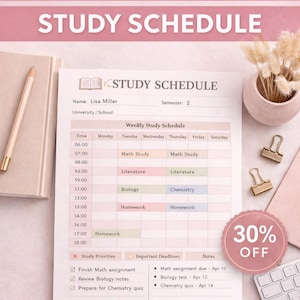 Könnte beinhalten: Ein digitaler Stundenplan zum Download mit rosa und weißem Design. Der Zeitplan enthält einen Wochenplaner, Studienprioritäten und Fristen. Das Bild enthält auch eine 30 % Rabatt-Ankündigung.