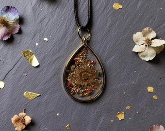 Pressed Flower Necklace | Gold Leaf Resin | Botanical Witchy Jewelry | Handmade Gold Teardrop Pendant