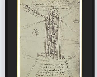 Leonardo da Vincis Flugmaschine – Französische Faksimileausgabe von 1962 – Originaldruck aus der Quillet-Enzyklopädie – Wandbild „Dark Academia“
