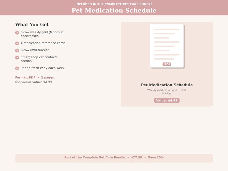 May include: A digital pet medication schedule, part of a complete pet care bundle. The schedule includes a weekly grid, medication reference cards, and a refill tracker. The PDF document is 2 pages and has a value of $4.99.