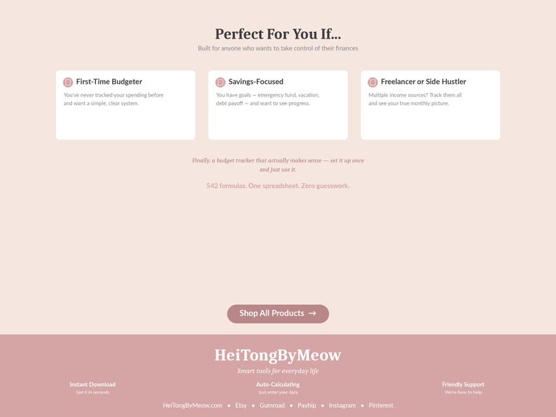 May include: A webpage with the text "Perfect For You If..." and three sections: "First-Time Budgeter", "Savings-Focused", and "Freelancer or Side Hustler". The page also includes the text "Shop All Products" and the HeiTongByMeow logo.