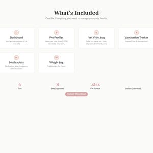 May include: A digital pet health management file with a light pink and white design. The file includes sections for pet profiles, vet visits, and medication tracking. It supports 8 pets and is available for instant download.