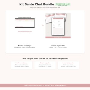 Kit Santé Chat Bundle | Tableur Tracker Digital + Carnet Imprimable PDF | Set Complet Soins Chat | Téléchargement Instantané