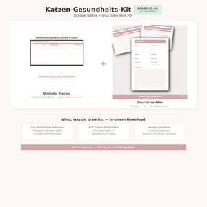 Katzen Gesundheits-Kit Bundle | Digitaler Tracker + Druckbare Akte PDF | Komplett-Set Katzenpflege | Sofort-Download