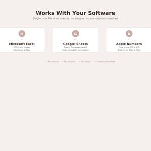 May include: A webpage graphic with the text "Works With Your Software." It lists compatibility with Microsoft Excel, Google Sheets, and Apple Numbers. The text indicates the software uses a single .xlsx file and requires no macros, plugins, or subscriptions.