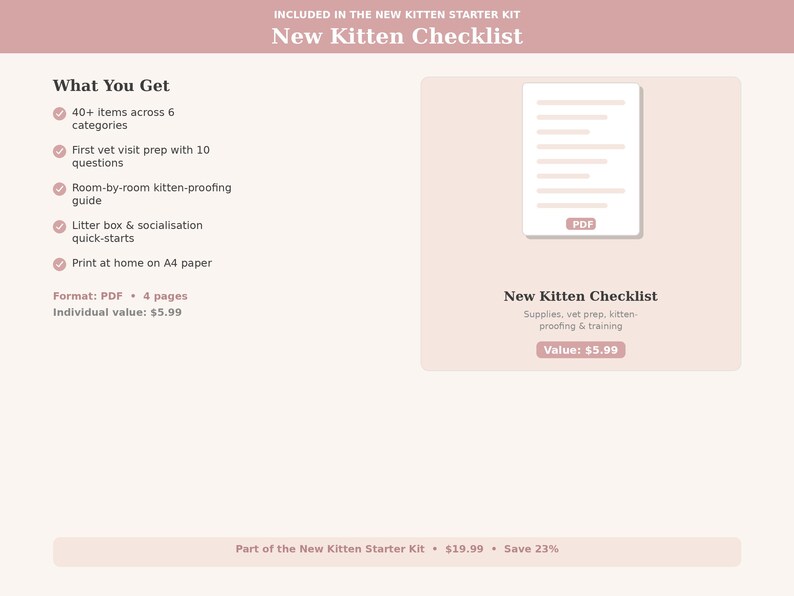 May include: A pink and white graphic with the text "New Kitten Checklist." The checklist includes items across six categories, vet visit prep, a kitten-proofing guide, litter box and socialization quick-starts, and is printable on A4 paper.