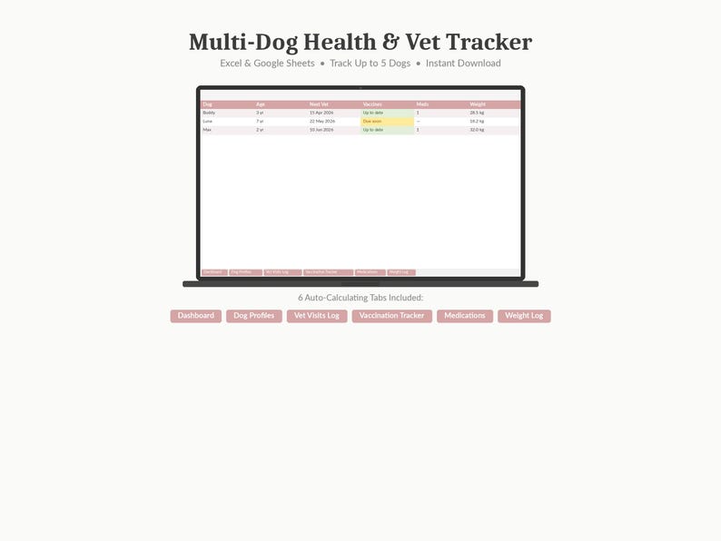Puede incluir: Una captura de pantalla de una hoja de c&aacute;lculo digital titulada "Multi-Dog Health & Vet Tracker". La hoja de c&aacute;lculo est&aacute; dise&ntilde;ada para rastrear la salud de los perros, las visitas al veterinario, las vacunas, los medicamentos y el peso. El texto "Excel & Google Sheets" es visible.