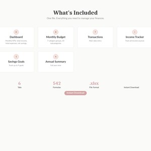 May include: A digital financial planner with a light pink and white design. The image includes sections for dashboard, monthly budget, transactions, income tracker, savings goals, and annual summary. It also shows 6 tabs, 542 formulas, and an .xlsx file format.