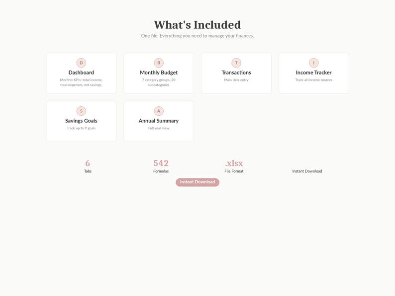 May include: A digital financial planner with a light pink and white design. The image includes sections for dashboard, monthly budget, transactions, income tracker, savings goals, and annual summary. It also shows 6 tabs, 542 formulas, and an .xlsx file format.