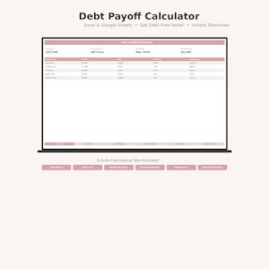 May include: A digital debt payoff calculator displayed on a laptop screen. The calculator shows financial data in a spreadsheet format with pink and white color scheme. The text "Debt Payoff Calculator" is at the top.