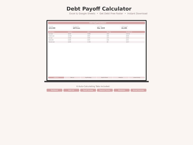 May include: A digital debt payoff calculator displayed on a laptop screen. The calculator shows financial data in a spreadsheet format with pink and white color scheme. The text "Debt Payoff Calculator" is at the top.