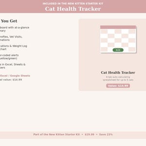 May include: A digital Cat Health Tracker spreadsheet, part of a kitten starter kit. The image shows a pink and white design with the text "Cat Health Tracker" and a grid-like chart. Includes features for cat profiles, vet visits, and medication logs.