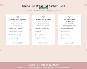 Kit de inicio para gatitos nuevos / Lista de verificación para gatitos + Seguimiento de la salud del gato + Calendario de medicación / Ahorra un 23 % / Descarga instantánea