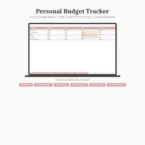 May include: A digital personal budget tracker displayed on a laptop screen. The spreadsheet shows categories, budget, actual, and % columns. The text at the top reads "Personal Budget Tracker." Below the screen are six pink tabs labeled with budget categories.