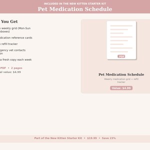 May include: A pink and white graphic for a pet medication schedule. The text includes "Pet Medication Schedule", "Weekly medication grid + refill tracker", and a list of features. The PDF document is part of a kitten starter kit.