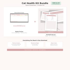 Cat Health Tracker Bundle | Digital Spreadsheet, Printable PDF Records (Instant Download)