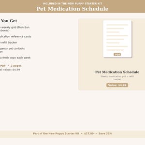 May include: A beige digital document titled "Pet Medication Schedule" with a PDF icon. The document includes a weekly medication grid, refill tracker, and emergency vet contacts. The image also lists what the document includes.