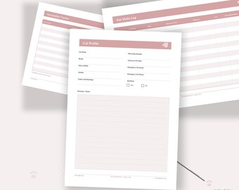Registro de salud para gatos imprimible / Registro de visitas al veterinario y vacunas en PDF de 6 páginas / Inserto para carpeta de cuidado del gato para imprimir en casa / Descarga instantánea