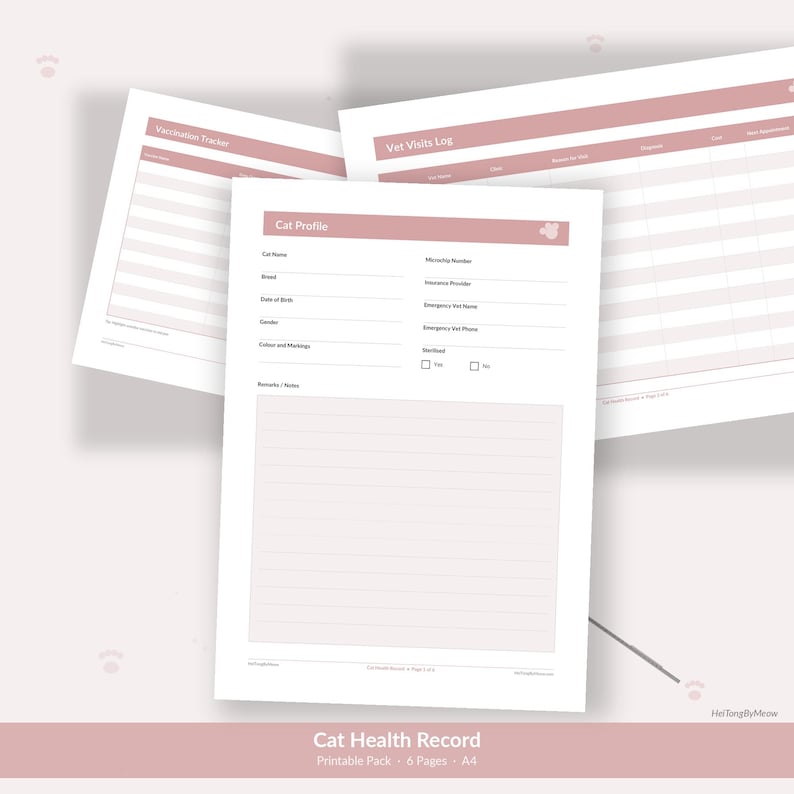 May include: A stack of printable cat health record sheets. The sheets have a pink header and footer with the text "Cat Health Record" and "Printable Pack - 6 Pages - A4". The sheets include sections for a cat profile, vaccination tracker, and vet visits log.