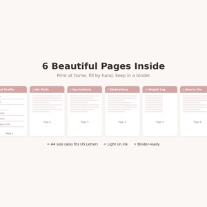 May include: A pet care journal with six pages, including sections for cat profile, vet visits, vaccinations, medications, weight log, and how to use. The journal is A4 size, light on ink, and binder-ready.