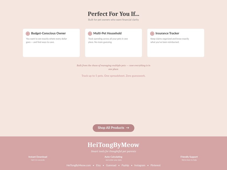May include: A webpage with a light pink background and text that reads "Perfect For You If..." and "Built for pet owners who want financial clarity." The page features three white boxes with text about pet financial tools. The bottom of the page has the text "HeiTongByMeow."