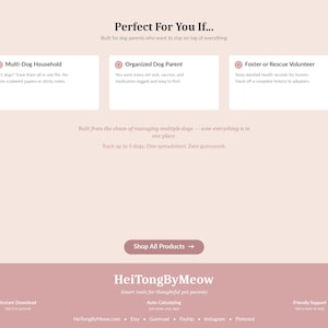 Puede incluir: Una p&aacute;gina web con fondo rosa claro y cuadros blancos. El texto dice "Perfect For You If..." y enumera caracter&iacute;sticas para due&ntilde;os de perros, incluyendo hogares con varios perros, padres de perros organizados y voluntarios de acogida. La p&aacute;gina incluye un bot&oacute;n de llamada a la acci&oacute;n.