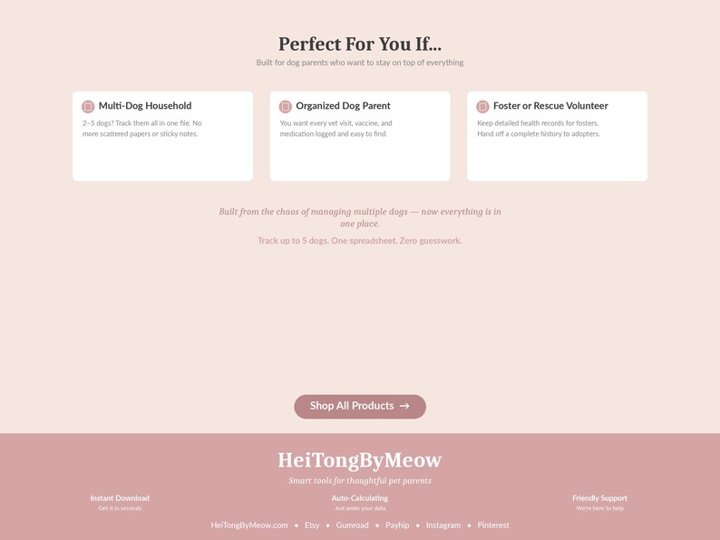 Puede incluir: Una p&aacute;gina web con fondo rosa claro y cuadros blancos. El texto dice "Perfect For You If..." y enumera caracter&iacute;sticas para due&ntilde;os de perros, incluyendo hogares con varios perros, padres de perros organizados y voluntarios de acogida. La p&aacute;gina incluye un bot&oacute;n de llamada a la acci&oacute;n.