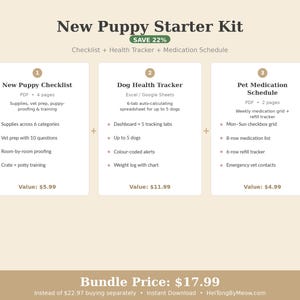 May include: A beige graphic with the text "New Puppy Starter Kit" and a 22% savings announcement. The kit includes a checklist, health tracker, and medication schedule. The bundle price is $17.99.