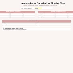 May include: A side-by-side comparison chart titled "Avalanche vs Snowball." The chart compares two strategies, with a section for extra monthly payments. The text includes "Compare both strategies instantly" and "Extra Monthly Payment: $200."