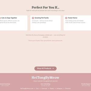 May include: A webpage with a light pink background features three white boxes with text. The top text reads "Perfect For You If..." and "Shop All Products". The bottom text says "HeiTongByMeow" and "Smart tools for thoughtful pet parents".