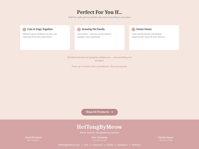 May include: A webpage with a light pink background features three white boxes with text. The top text reads "Perfect For You If..." and "Shop All Products". The bottom text says "HeiTongByMeow" and "Smart tools for thoughtful pet parents".