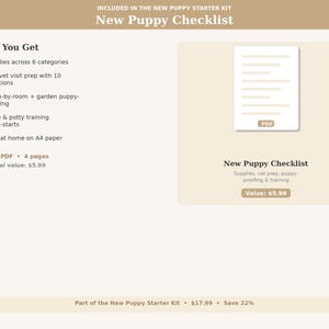 May include: A beige digital document titled "New Puppy Checklist" with a PDF icon. The checklist includes supplies, vet prep, and training information. The document is part of a puppy starter kit.