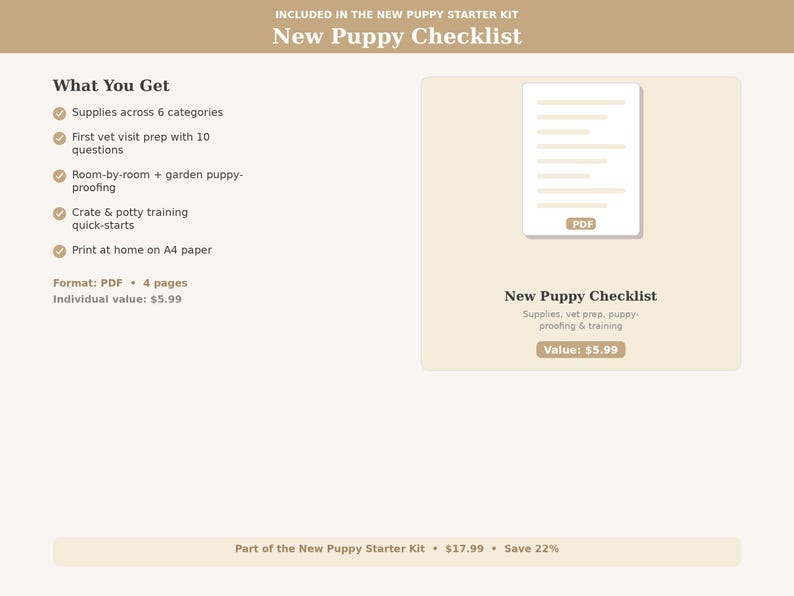 May include: A beige digital document titled "New Puppy Checklist" with a PDF icon. The checklist includes supplies, vet prep, and training information. The document is part of a puppy starter kit.