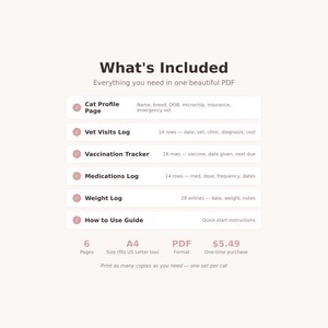 May include: A digital PDF document titled "What's Included" with a list of cat care logs. Includes a cat profile page, vet visits log, vaccination tracker, medications log, weight log, and a how-to guide. The document is 6 pages and in A4 size.