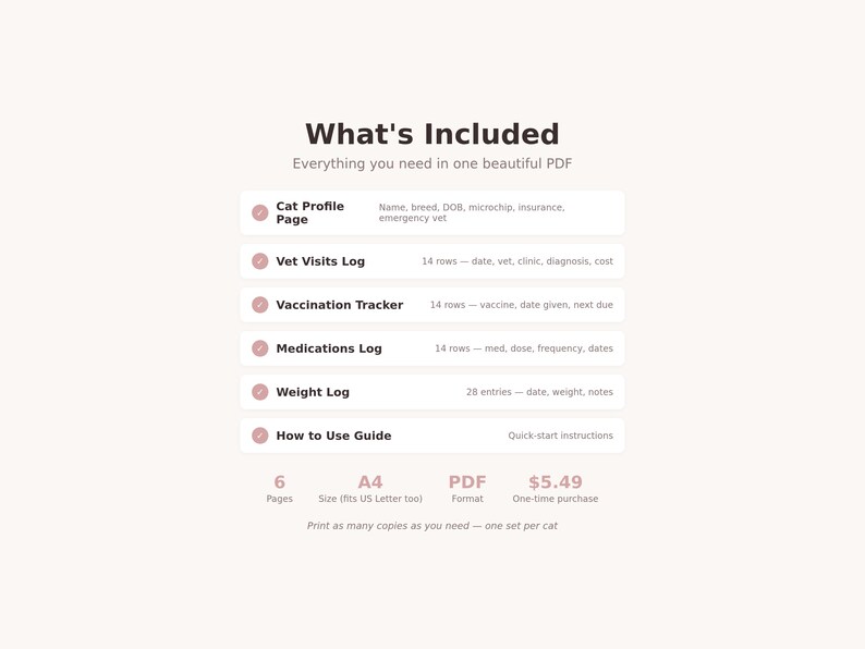 May include: A digital PDF document titled "What's Included" with a list of cat care logs. Includes a cat profile page, vet visits log, vaccination tracker, medications log, weight log, and a how-to guide. The document is 6 pages and in A4 size.