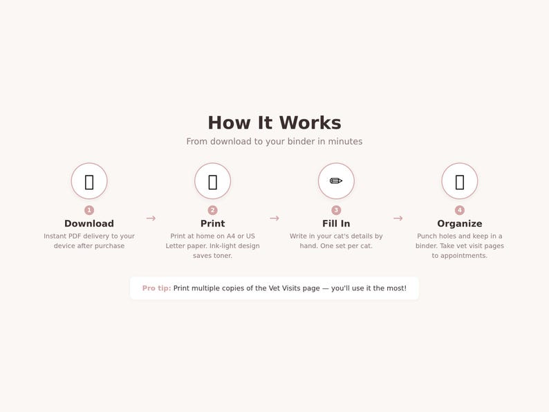 May include: A light pink graphic with the title "How It Works" and four steps: Download, Print, Fill In, and Organize. The text explains the process of downloading, printing, filling in details, and organizing pages in a binder.