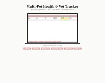 Multi-Pet Health Tracker Spreadsheet | Cats & Dogs Vet Record Template | Excel Google Sheets | Up to 8 Pets | Instant Download
