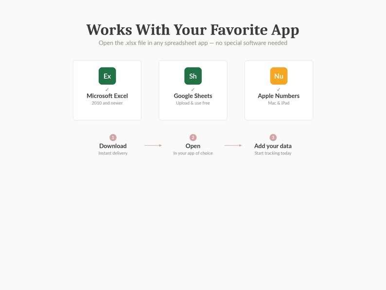 May include: A graphic with the text "Works With Your Favorite App" and instructions for opening an .xlsx file in spreadsheet apps. Includes icons for Microsoft Excel, Google Sheets, and Apple Numbers, with a three-step process: Download, Open, and Add your data.