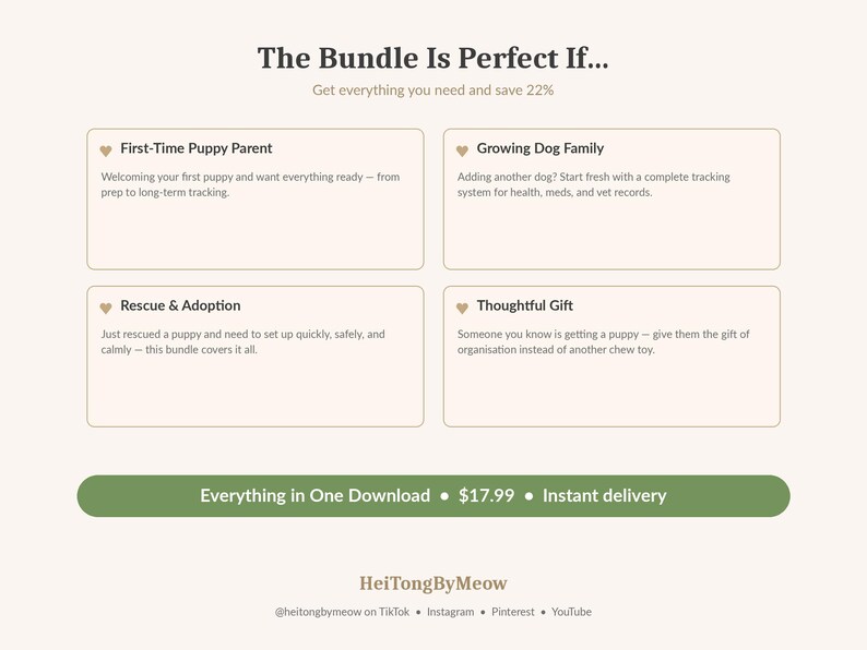 May include: A beige graphic with text that reads "The Bundle Is Perfect If..." and lists reasons to buy. The text includes "First-Time Puppy Parent", "Growing Dog Family", "Rescue & Adoption", and "Thoughtful Gift". The graphic also includes the text "Everything in One Download".