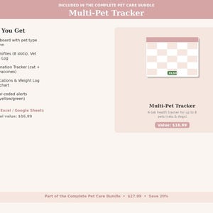 May include: A digital pet care bundle advertisement. The image features a pink and white design with the text "Multi-Pet Tracker." It includes a dashboard, pet profiles, vaccination tracker, medications log, and color-coded alerts. The format is Excel/Google Sheets.